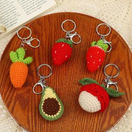 Keychains Cute Knitting Fruit Keychain Creative Knitted Cherry Strawberry Car Keys Wholesale Weaved Keyrings For Bag Accessories