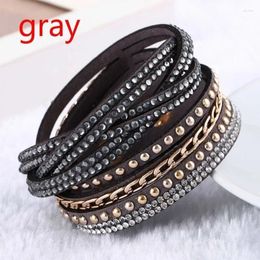 Link Bracelets Women Fashion Summer Leather Bracelet Rhinestone Crystal Wrap Multilayer For Jewellery Accessories