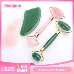 Roller Crystal Roller Set Facial Massage Natural Jade Roller Gua Sha Kit Jade Scraper Rose Quartz Stone Face Lift Massager Beauty Tools