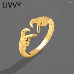 Cluster Rings LIVVY Silver Color Fashion Creative Hand Heart Opening Adjustable Ring For Women Charm Sweet Punk Party Jewelry Gifts