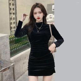 Casual Dresses Solid Color Women Dress Elegant Retro Mock Collar Mini With Pleated Sheath Slim Fit For Spring Fall Long
