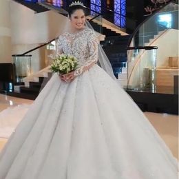 2024 Long Sleeves Lace Wedding Dresses elegant new Sheer Bateau Neck A Line Covered Button Back Bridal Gowns Tulle Sweep Train robe de mariee sweep train Bride Dress