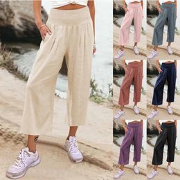 Women's Pants Cotton Linen Casual For Women Ankle Length Trousers Female High Waist Elastic Solid Colour Wide Leg Palazzo