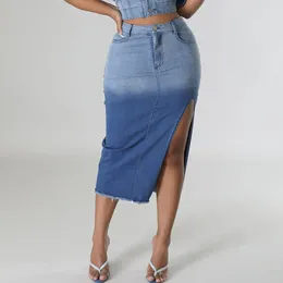 Skirts 24 High Elastic Split Gradient Colour Denim Skirt For Women