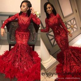 Red Mermaid African Prom Dresses 2019 Vintage Feather Long Sleeve Floor Length Sequined High Neck Formal Evening Dress Party Gowns284V