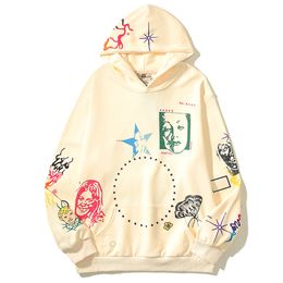 Graffiti Terry Material Pullover Men's Sweatshirts and Hoodies Front Pocket Streetwear Hooded Man Beige