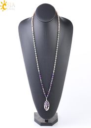 CSJA Natural Amethyst Gemstone Bead Long Necklace Feb Birthstone Crystal Jewellery for Women Energy Reiki Chakra Life Tree Stone Pen6185881