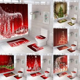 Christmas Tree Bathroom Set Shower Curtain Set Waterproof Santa Claus Anti-skid Rugs Toilet Cover Bath Curtains Set with Hooks 240222