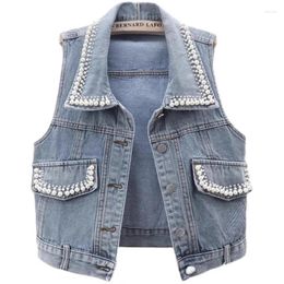 Women's Vests 2024 Denim Women Vest Luxury Pearls Fashion Ripped Autumn Jeans Jacket Sleeveless Loose Short Coat Causal Waistcoats