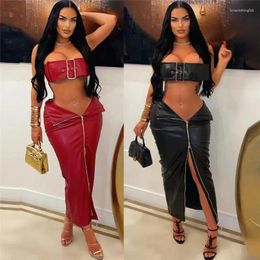 Work Dresses Sexy Night Club Two Piece Set Women Pu Leather Strapless Metal Button Crop Top Skinny Front Zipper Long Skirts Party Y2k