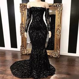 Vestidos Off The Shoulder Mermaid Prom Dresses Vintage Black Long Sleeve Sweep Strain Sequined Formal Evening Dress Party Gown BC