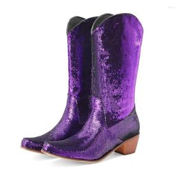 Boots Curved Toe Bling Sequins Shiny Purple Green Pink Women Mid-calf Western Chunky Heels Cowboy Winter Shoes Botines