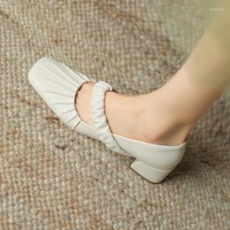 Dress Shoes Women Pumps Genuine Leather Thick Heels Loafers Square Toe Strap Woman Working Casual