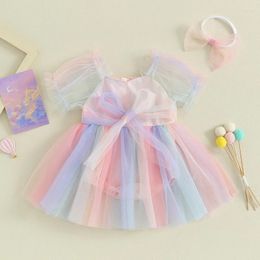 Girl Dresses Toddler Infant Baby Summer Jumpsuit With Bow Headband Sleeveless Tulle Patchwork Romper Children's Clothing Set