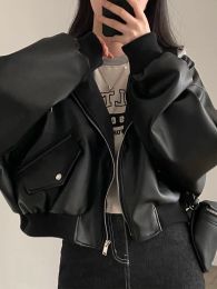 Jackets Vintage Pu Jacket Women Autumn Retro Crop Hooded Coats Fashion Loose Faux Leather Jackets Lady Elegant Korean Zipper Outerwear