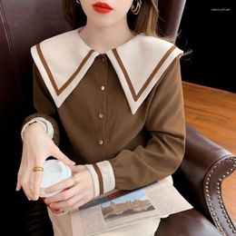 Women's Blouses Spring Autumn 2024 Style Shirt Doll Collar Long Sleeve Retro Top Blusas De Mujer 3XL Contrast Color Corduroy Women