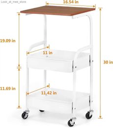 Shopping Carts Omicron 3-story kitchen rolling 16.54 inch storage car with wooden countertop white Q240228