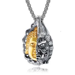 Wolf Tide Jewellery Half Buddha And Devil Necklace One Thought Pendant Personality Good Evil Titanium Steel Men's Necklaces Gemstone Hip Hop Jewellery Wholesale Bijoux