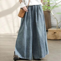 Women's Jeans NINI WONDERLAND Autumn Women Cotton Denim 2024 Spring Elastic Waist Split Wide Leg Pants Female Casual Long Loose