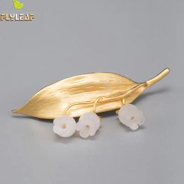 Brooches Flyleaf High Quality Natural White Jade Flower Gold Leaf Real Sterling Sier Fine Jewellery Brooches for Women Gold