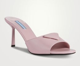 Woman Summer slipper Brushed leather heeled slides pink high-heel shoes Logo mules sandals luxury shoes open toe beach dress flip flop designer sandal factory sale