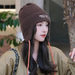 Berets Ins Fashion Ear Protection Beanies Hats For Women Autumn And Winter Korean Show Face Small Casual Strap Warm Knitted Cap