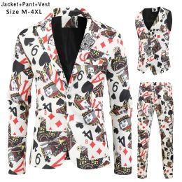 Suits Boutique Suit 3piece Fashion Casual Poker Print (suit+vest+pants) Social Banquet Hiphop Singer Tuxedos Men's Suit 2023 New