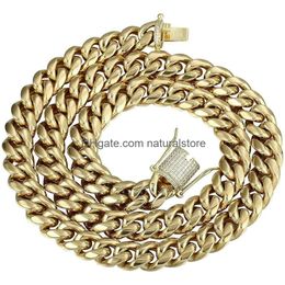 Pendant Necklaces Py Bling 14K Gold Plated Mens Heavy Miami Cuban Link Chain Choker With Lab Diamond Clasp Stainless Steel Hip Hop Thi Dhuak