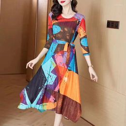 Casual Dresses Folded Spring Summer Arrival 2024 Dress Large Size Fashion Slimming Mid Length Printed Lace Up For Women Vestido Z4960