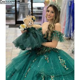 Green Shiny Quinceanera Dresses Mexican Off the Shoulder Ball Gown Applique Flower Princess Long Sweet 16 Prom Dress 15 year