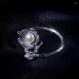 Cluster Rings Ethnic Style Nostalgia Lotus Flower And Pod Three-dimensional Imitation Pearl Ring Niche High-end Bohemian Open