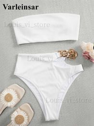 Women's Swimwear Sexy Bandeau Ribbed High Waist Bikini Female Swimsuit Women Swimwear Two-pieces Bikini set Bather Bathing Suit Swim V2640 T240227