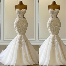 Sexig vestido de novia sjöjungfru bröllopsklänningar formella brudklänningar älskling broderi spetsapplikationer kristallpärlor lyx illusion svep tåg plus storlek