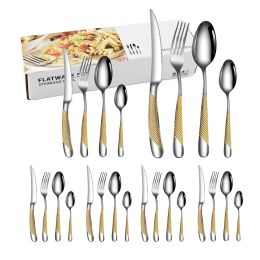 Sets 24pc Stainless steel tableware suit star Colour box packaging steak knife and fork dessert spoon coffee spoon family pack