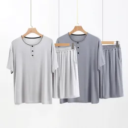 Men's Sleepwear Short Sleeve Button Up Solid Colour Round Neck Modal Sleep Tops With Shorts 2 Pcs Suit For Pyjama Set