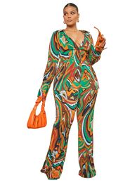 Plus Size Set Clothe 2 Piece Tops And Flare Pants Suits Autumn Fashion Print Streetwear Oversize Clothing Outfits 240220