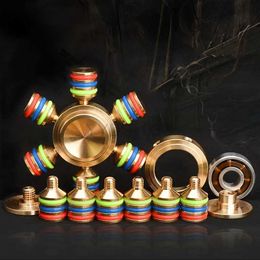 Finger Toys High Quality Full Brass Fidget Spinner Hexagonal Hand Three Heads Six Arms Compass Adult Decompression Artifact yq240227