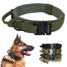 Dog Collars & Leashes Adjustable Dog Collar With Leash Tactical Military Training Neck Heavy Metal Buckle And Control Handle For Mediu Dhmvk