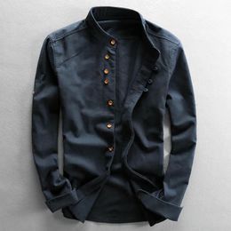 Japan Style Mens Linen Cotton Shirt Harajuku Stand Collar Long Sleeve Slim Fit Solid Colour Male Casual Breathable Classical Tops y240219