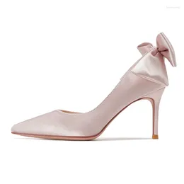 Dress Shoes Size 31-43 White Pointed Bow Stiletto Heel Women Satin Pink Wedding 8cm High Heels