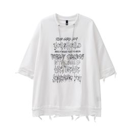 Men's T-shirts Trendy Brand Diary High Street Chain Loose Couple Style Personalised Mid-sleeve Simple T-shirt Ripped Quarter-sleeve Oversize Sweatshirt