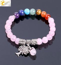 CSJA Cristallo di quarzo rosa naturale 7 Chakra Gemma Pietra Bracciale con perline Ciondolo albero Preghiera Guarigione Braccialetti elasticizzati Gioielli da donna F1292610282