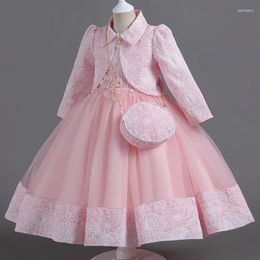Girl Dresses 2024 Winter Autumn Girls Gown Puffy Yarn Princess Dress Three Piece Set Sleeveless With Bag Coat For Birthday Party