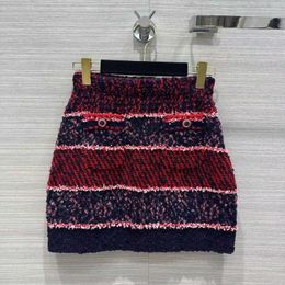 Skirts Fashion All-matched Red Navy Wide Stripes Knitted Wool Blends Skirt Women Double Pockets Elastic High Waist Mini