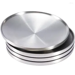 Plates 304 Stainless Steel Household Double Dinner Round Plate Flat Bottom Double-layer Dessert Dish Grill BBQ