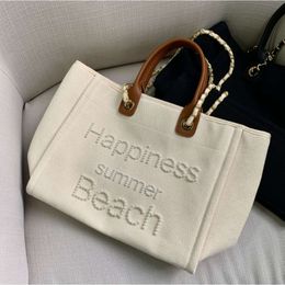 Luxury Ladies Leather Handle Famous Design Handbags Durable Heavy Cotton Tote Bag Pearl Beading Canvas Shopping Bags Beach Bags
