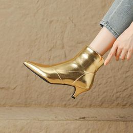 Boots Phoentin 2024 Booties For Women Kitten Heels Metallic Colour Pointed Toe Plus Size 34-43 Gold Silver Footwear FT2964