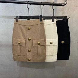 Skirts Fashion Retro Buttons Wool Knit Mini Skirt For Women High Quality Solid Hip Hugging Pockets Elastic Waist Sweet