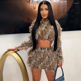 Work Dresses Mesh Tassel Patchwork Women 2 Piece Set Sexy Elastic See Through Turtleneck Long Sleeve Crop Tops Skinny Skirts Party Clubwear