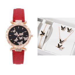 Women Luxury Watch Ring Necklace Earrings Rhinestone Butterfly Fashion Wristwatch Female Casual Ladies Watches Set Clock 5pcs/set